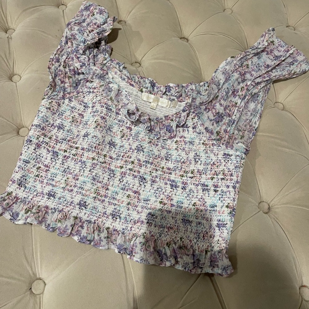 LoveShackFancy Floral Print Scoop Neck Crop Top XL